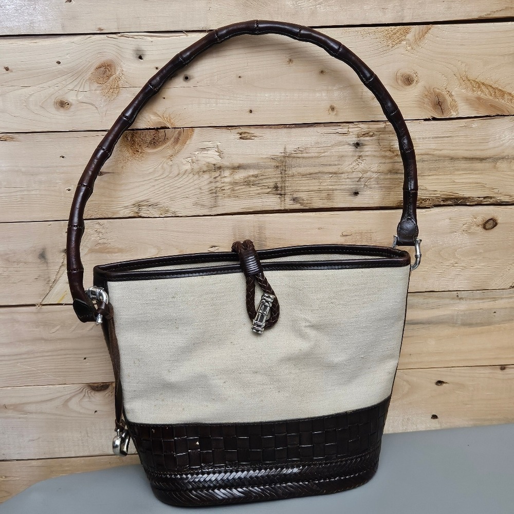 BRIGHTON Canvas Basket Weave Leather Bucket Bag